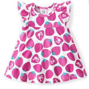 BRAND NEW 9-12M Barbie White Dress with Pink Strawberry Pattern
